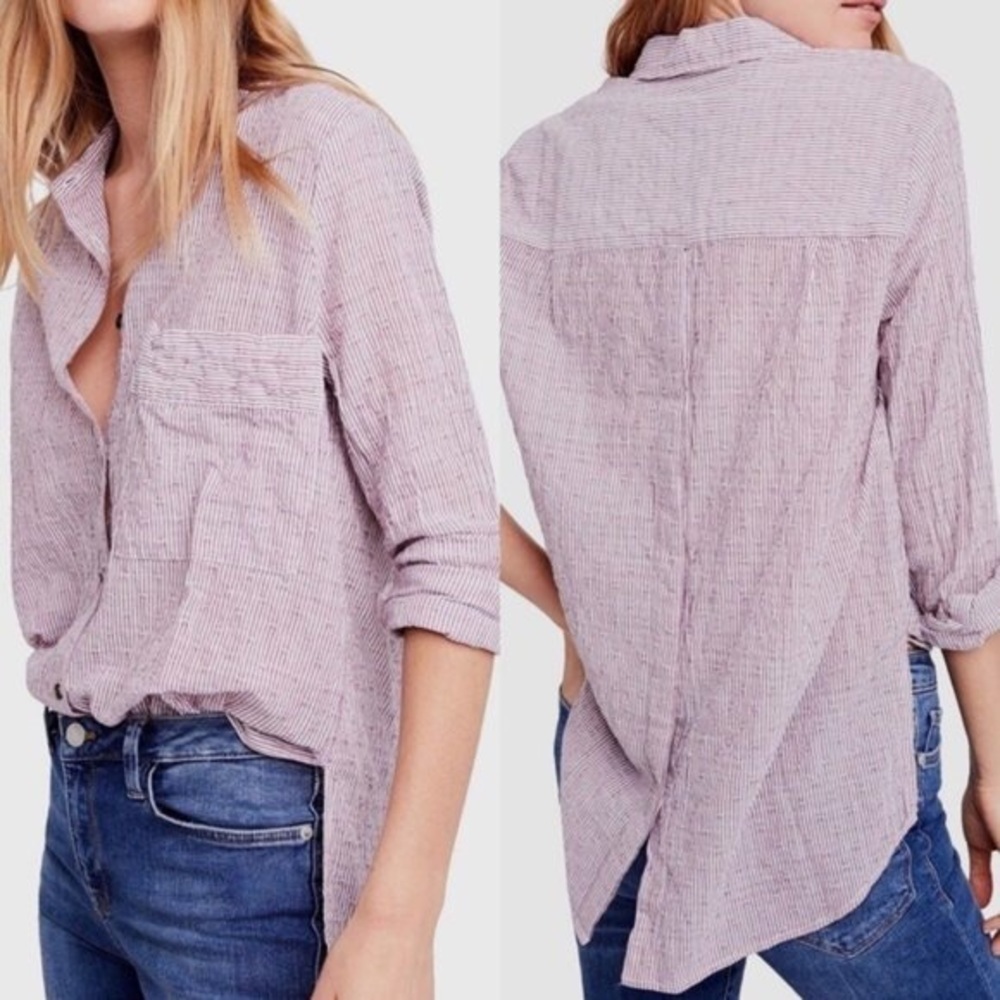 Free People Women XS Red Stripe Seersucker Button Back No Limits Tunic Shirt
